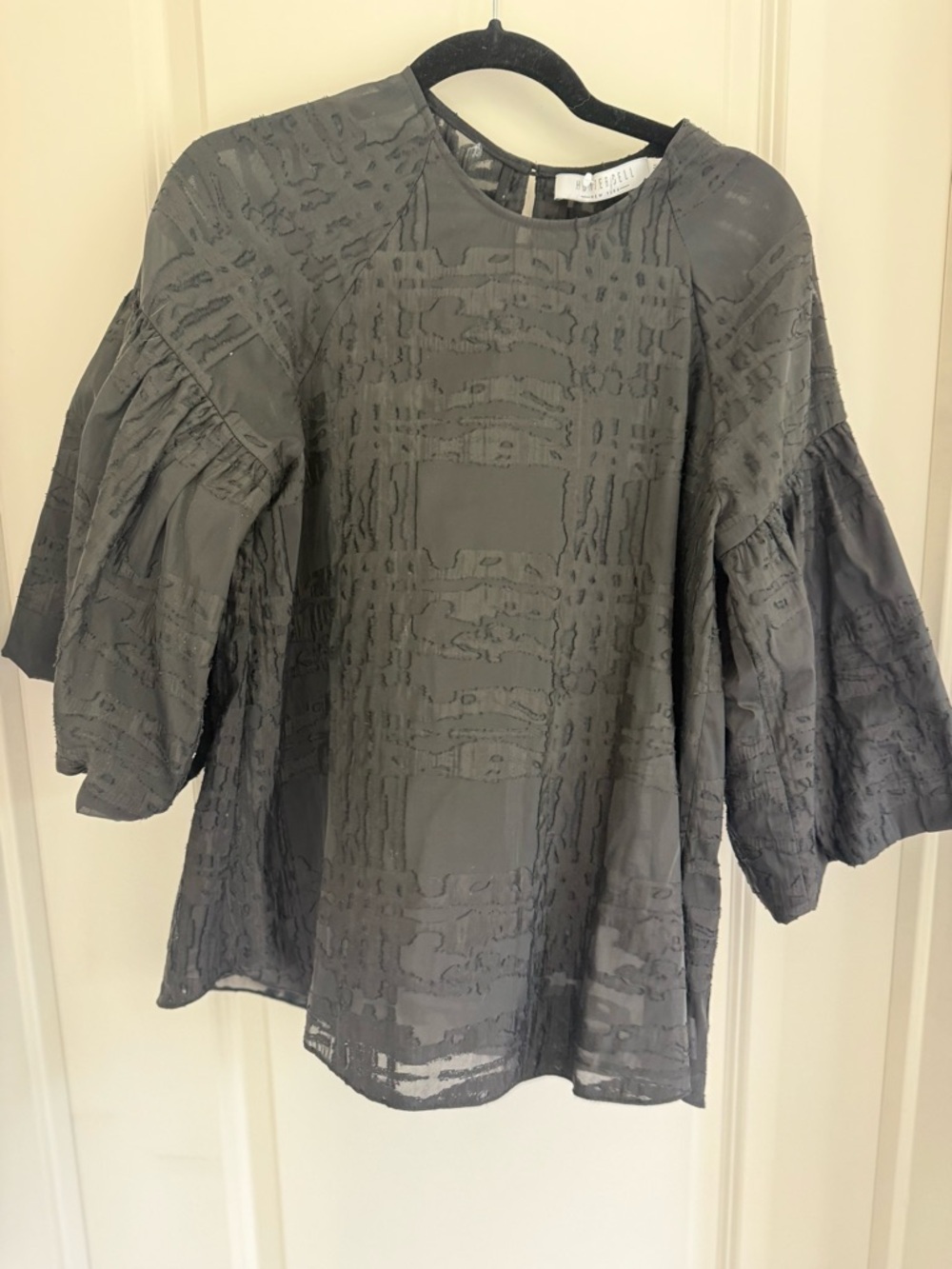 Textured black Hunter Bell Women's Blouse with Balloon Sleeves Medium